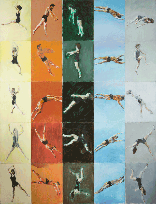 Painting of Spinning Gymnasts facing each other and then turning away in empty space